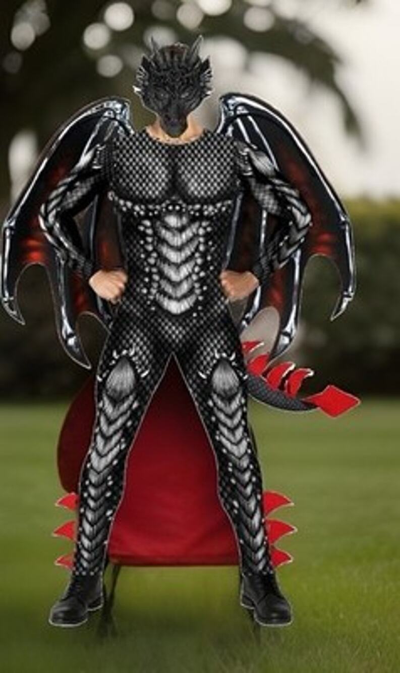 Black Dragon Costume Scary Halloween Jumpsuit + Wings Mask Mens L